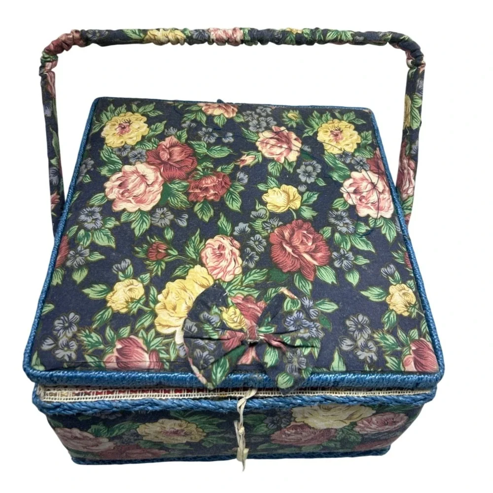 Vintage‎ Floral Sewing Basket with Handle Red Lace Interior and Sewing Notions